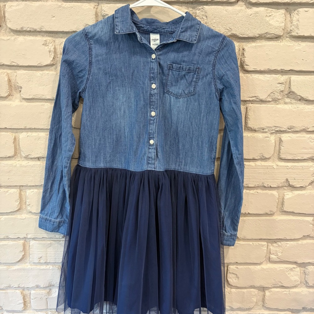 OshKosh B'gosh Girls 14 Denim Chambray Tulle Dress Navy Blue Long Sleeve